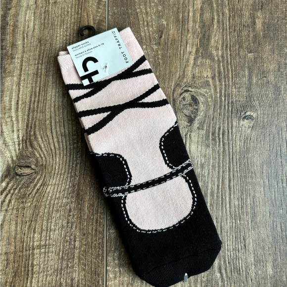 Foot Traffic Ballerina Slipper Socks Non-Slid Soles Pink/Black Women's Size 4-10 - Picture 1 of 3